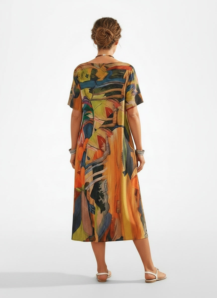 Back pose of the model wearing Robe d'été imprimée femme
