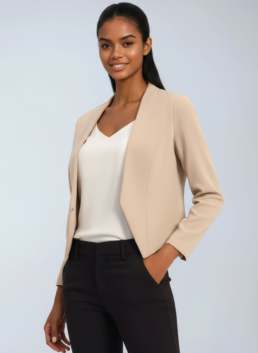 Blazer femme court à devant ouvert, ourlet asymétrique, doublure intégrale et manches longues 1