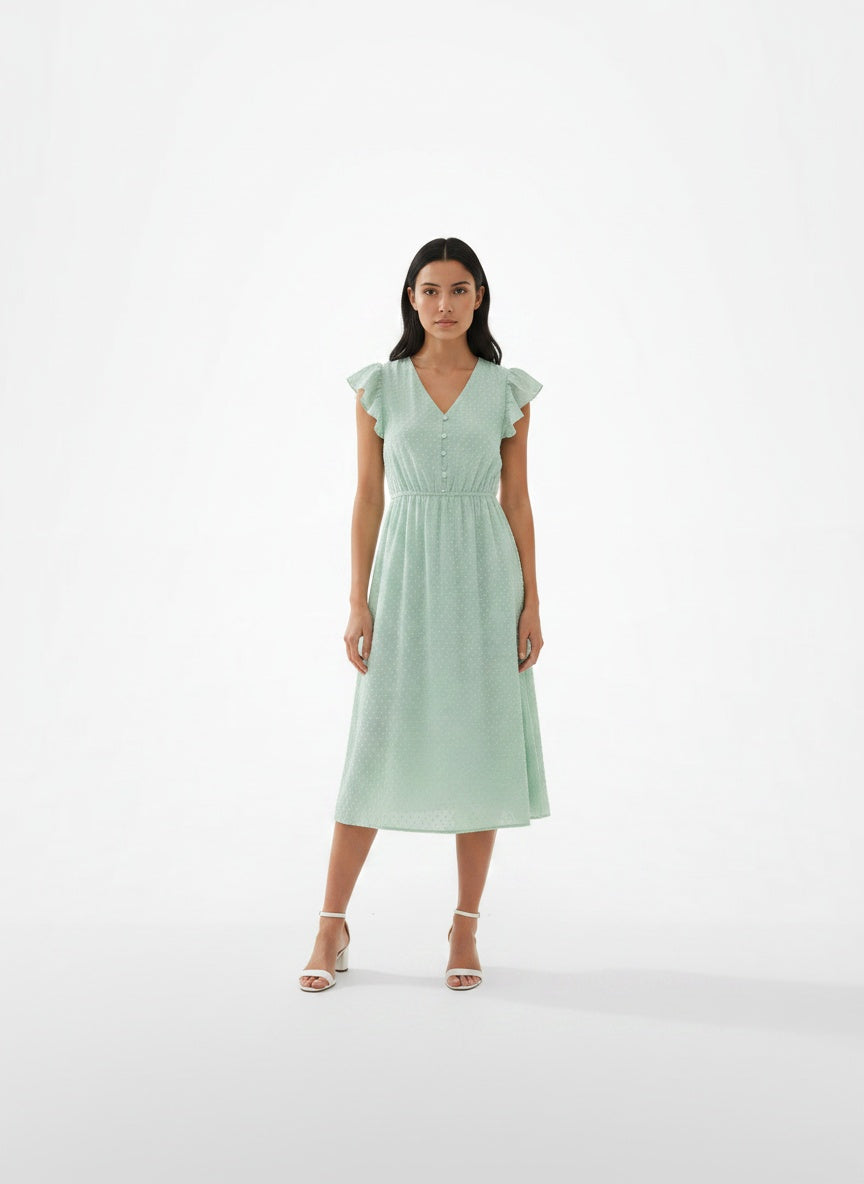 Full body view of the model wearing Robe d'été midi à manches courtes et volants femme