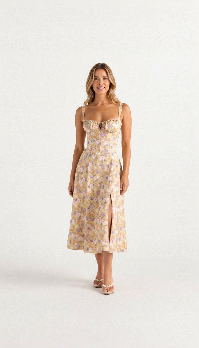 Full body view of the model wearing Robe midi avec corset femme