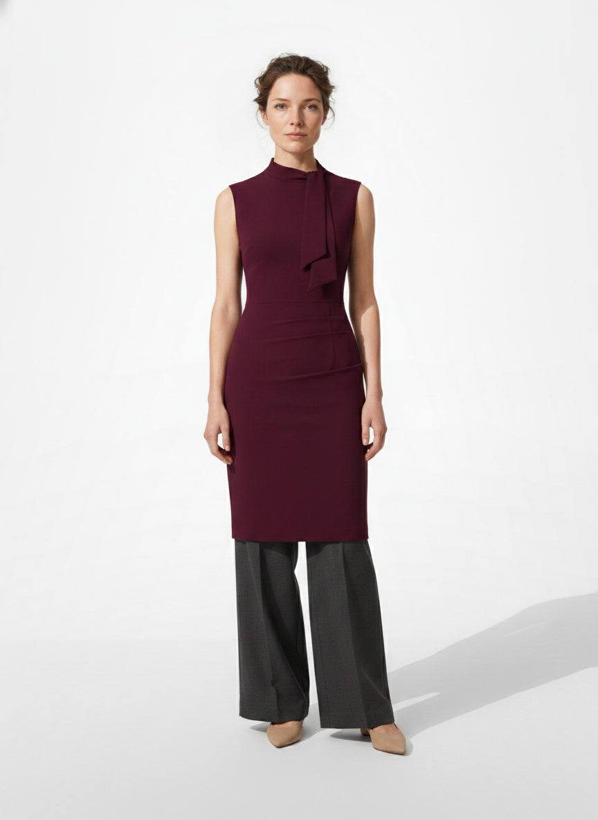 Full body view of the model wearing Robe midi sans manches à col en V et coupe portefeuille femme
