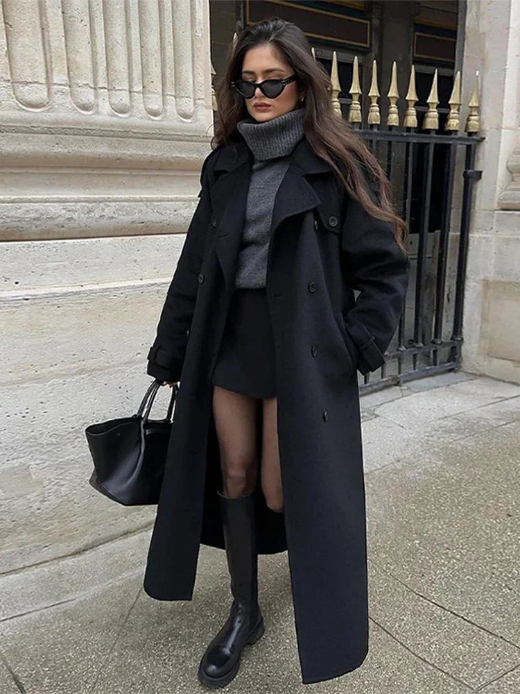 Trench long femme à ceinture et double boutonnage avec col à revers pour l'automne et l'hiver 6