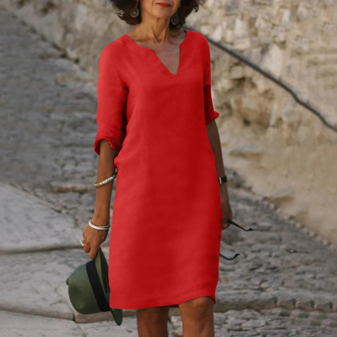 Robe midi à col en V et manches trois-quarts femme