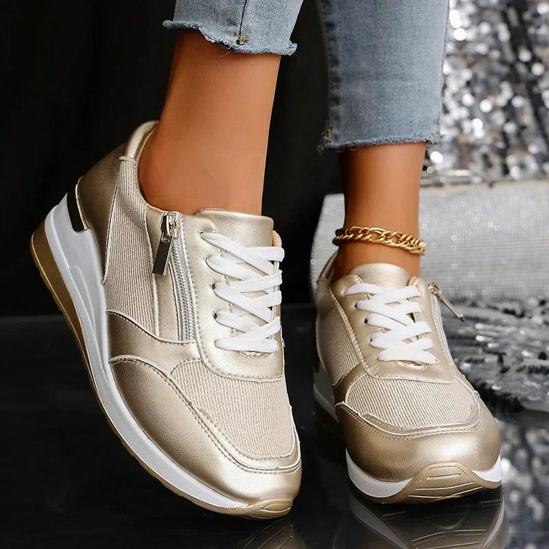 Baskets compensées femme à lacets et zip latéral avec finition métallisée 5