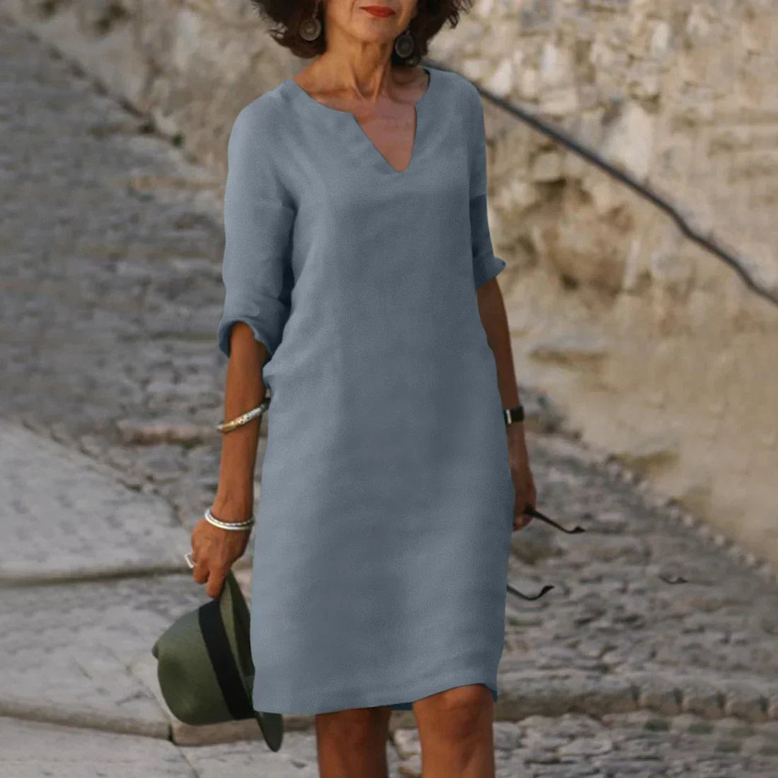 Robe midi à col en V et manches trois-quarts femme