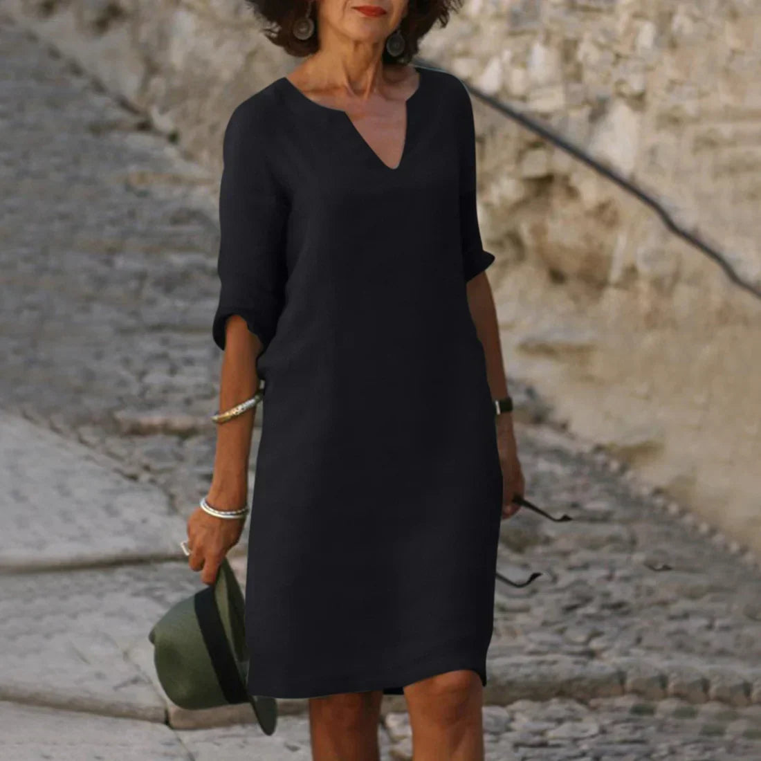 Robe midi à col en V et manches trois-quarts femme