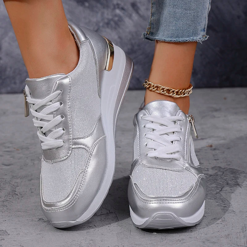 Baskets compensées femme à lacets et zip latéral avec finition métallisée 7