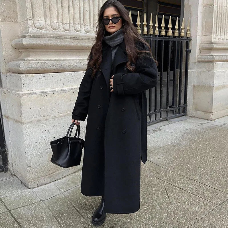 Trench long femme à ceinture et double boutonnage avec col à revers pour l'automne et l'hiver 8