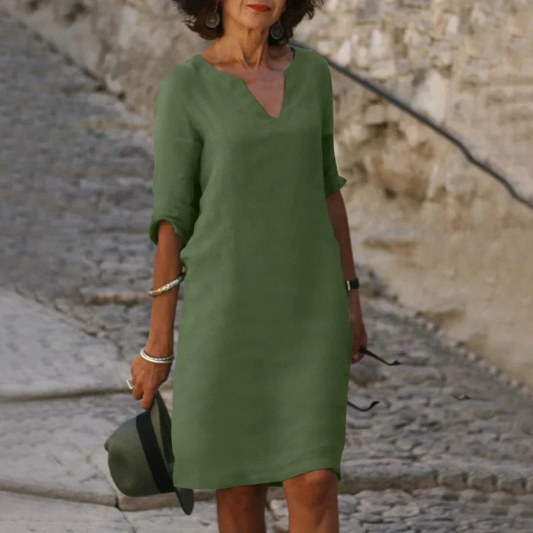 Robe midi à col en V et manches trois-quarts femme
