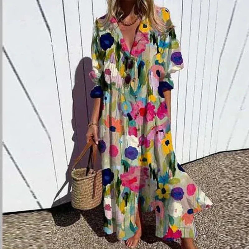 Robe maxi bohème à col en V femme