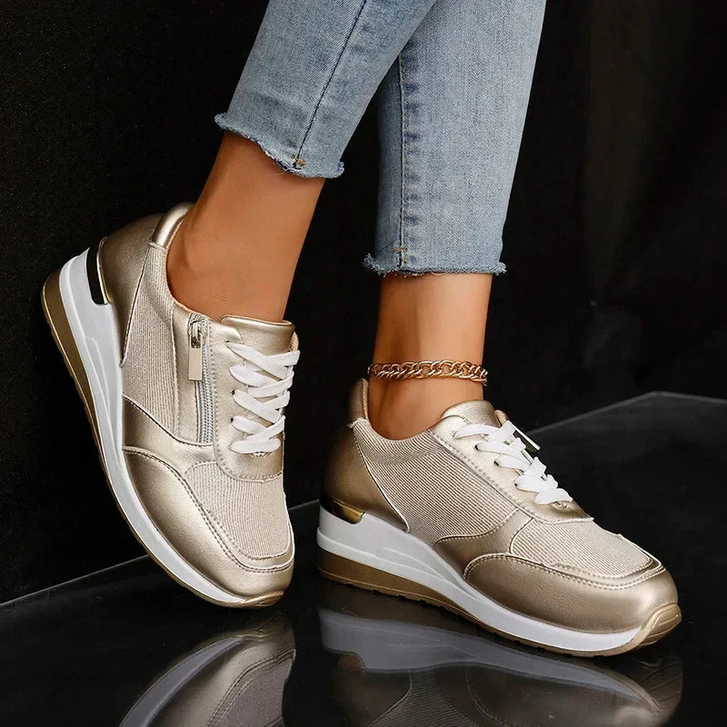 Baskets compensées femme à lacets et zip latéral avec finition métallisée 2