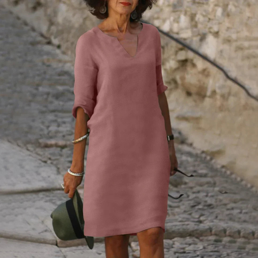 Robe midi à col en V et manches trois-quarts femme