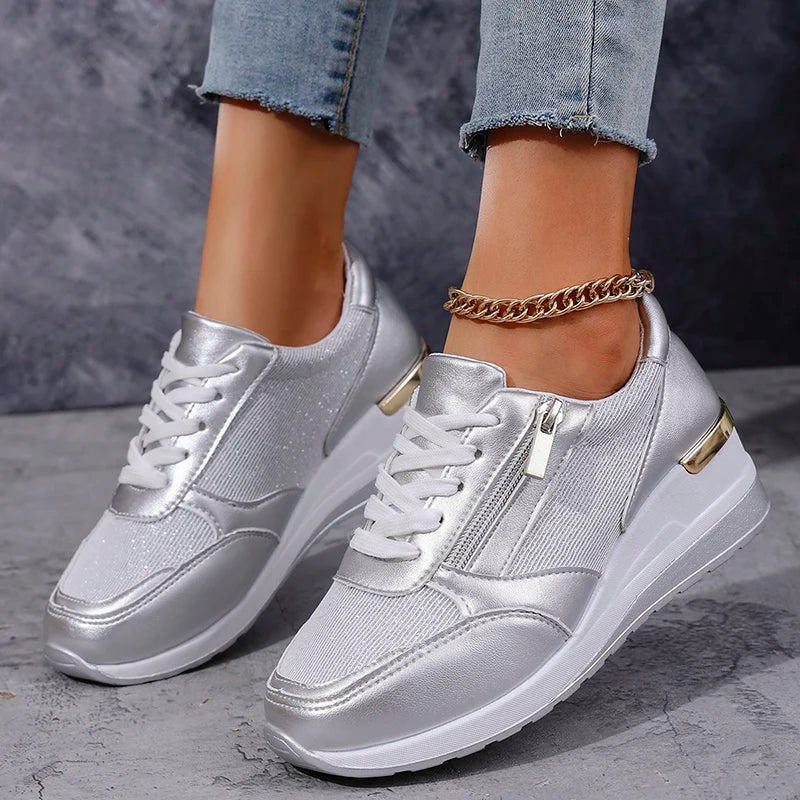 Baskets compensées femme à lacets et zip latéral avec finition métallisée 8