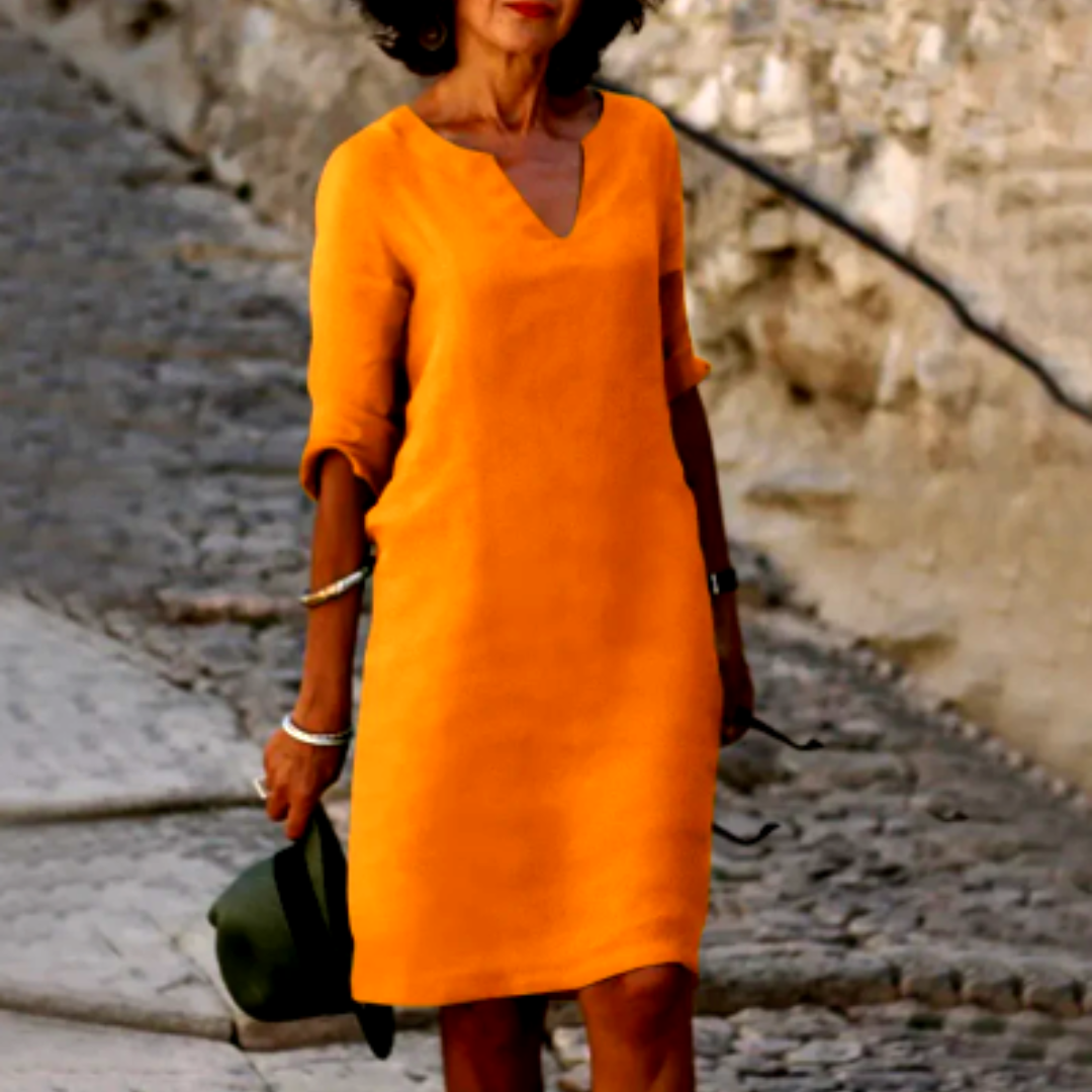 Robe midi à col en V et manches trois-quarts femme