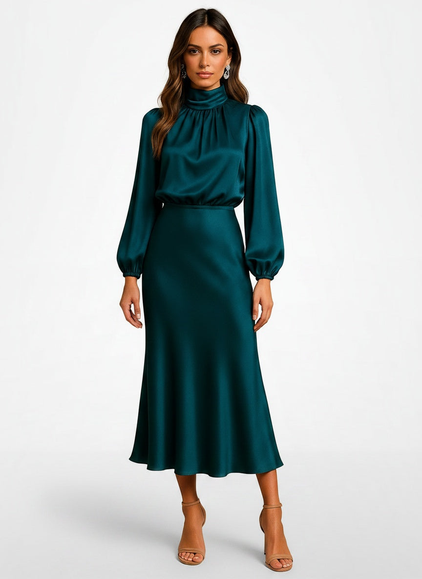 Full body view of the model wearing Robe midi à col montant et taille haute femme