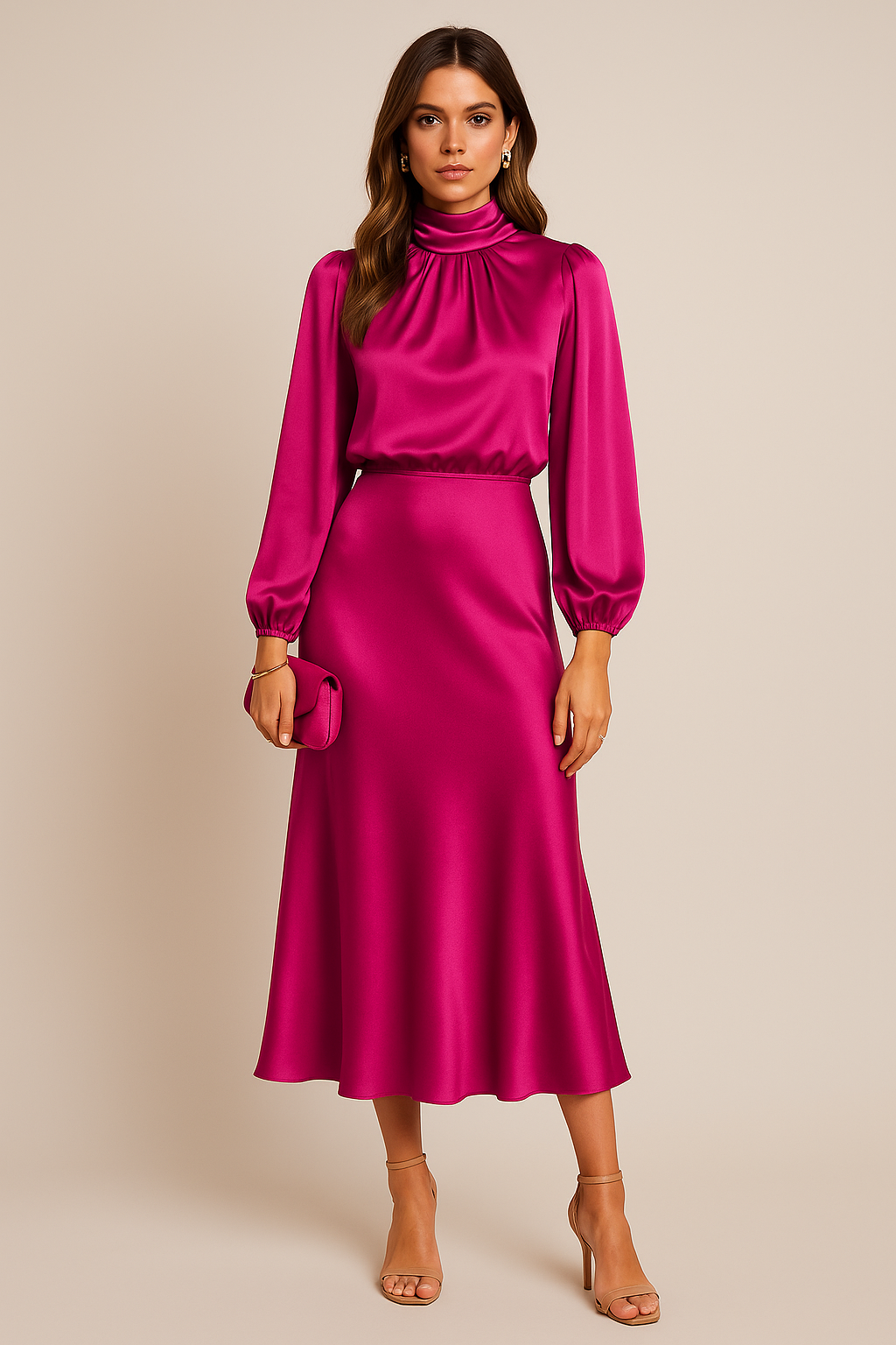 Robe midi à col montant et taille haute femme