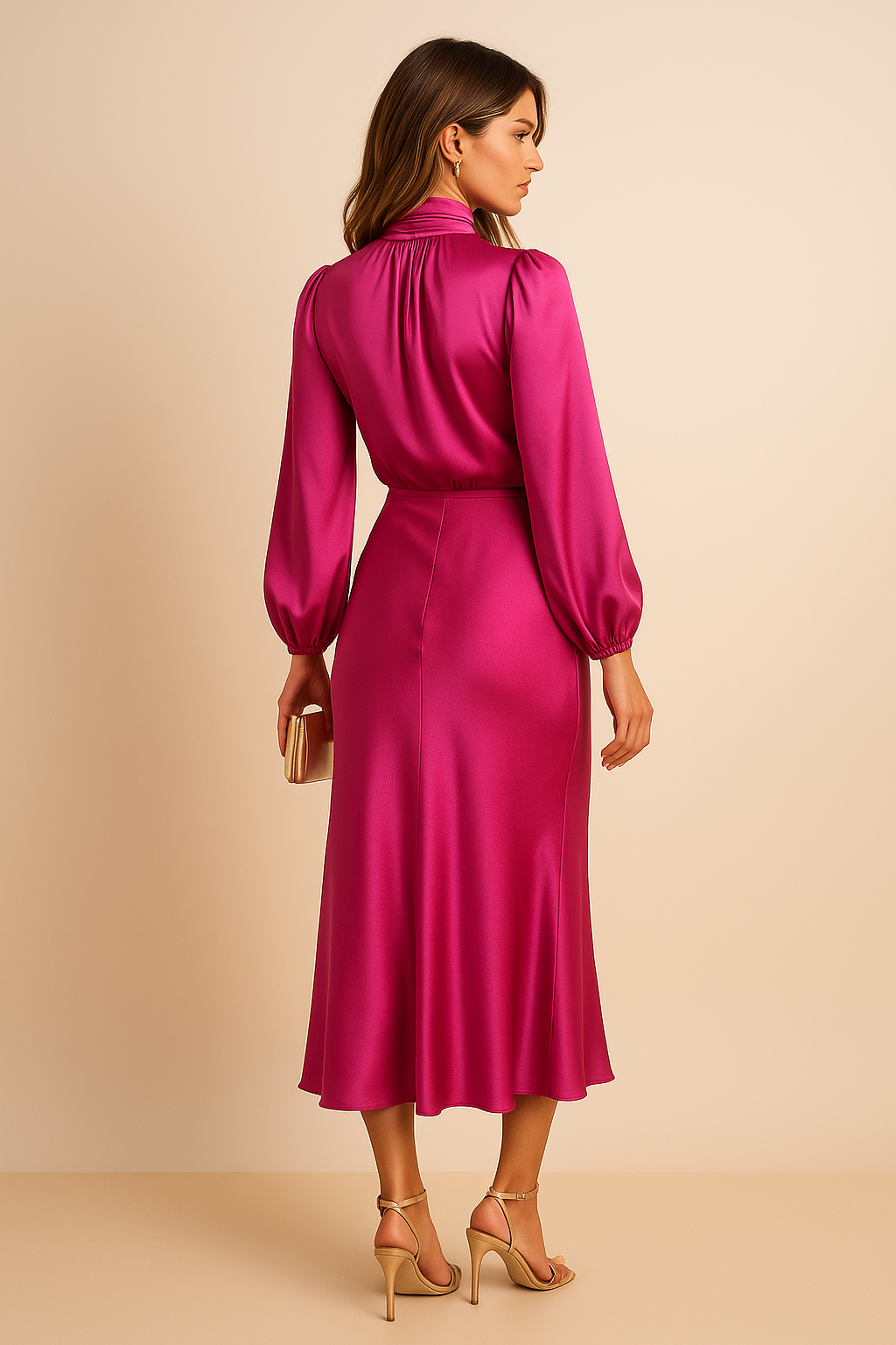 Robe midi à col montant et taille haute femme