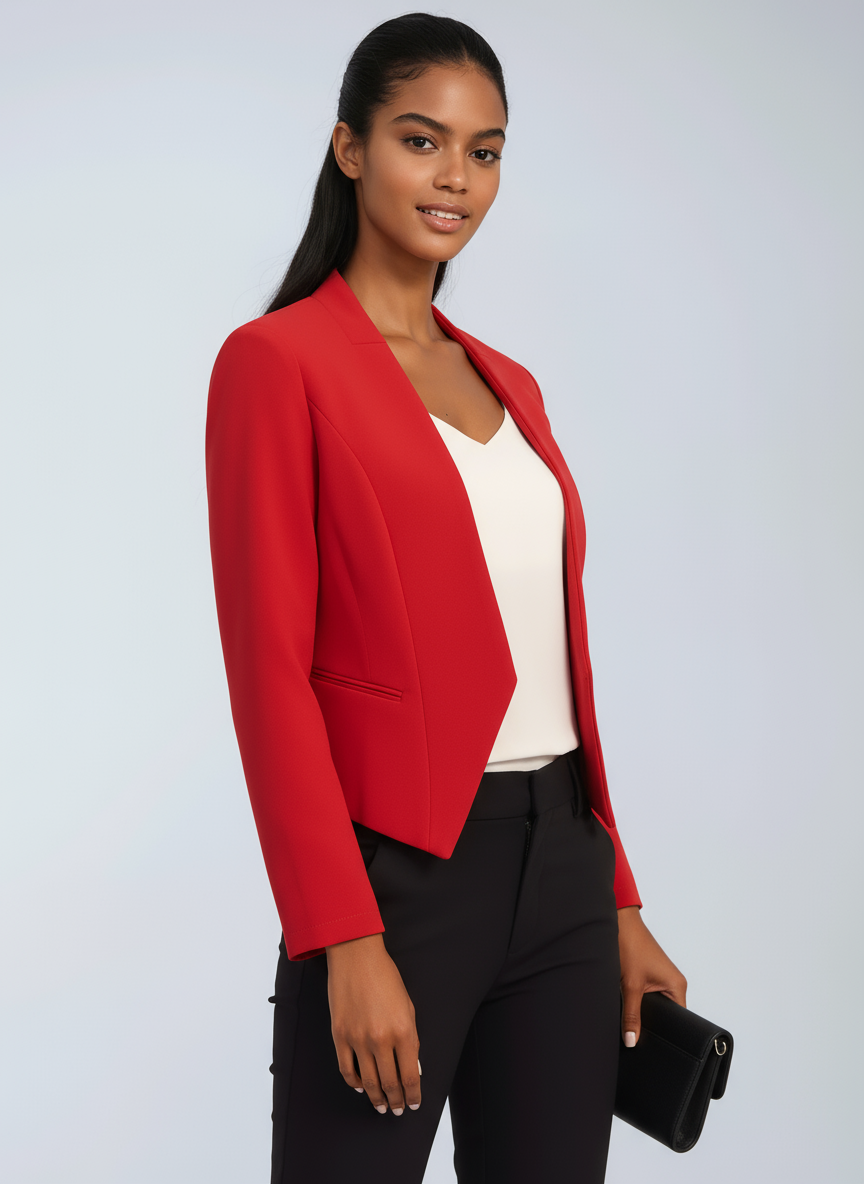 Blazer femme court à devant ouvert, ourlet asymétrique, doublure intégrale et manches longues 3