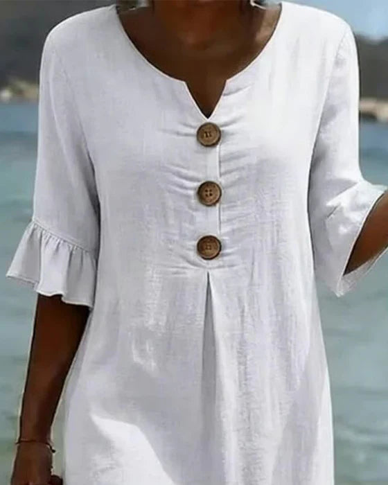 Robe courte femme en coton et lin, boutonnée à manches volantées