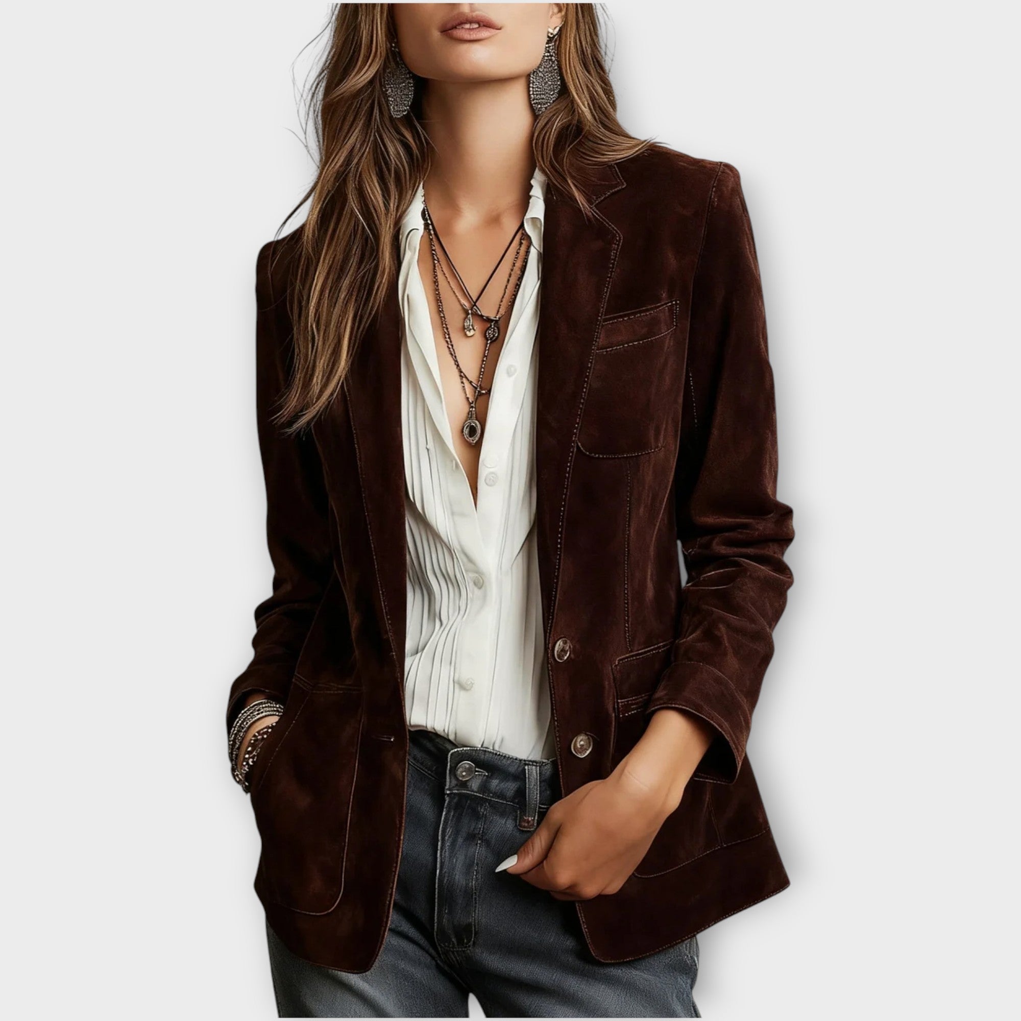 Blazer femme cintré en suède à boutonnage et poches devant, coupe structurée 4
