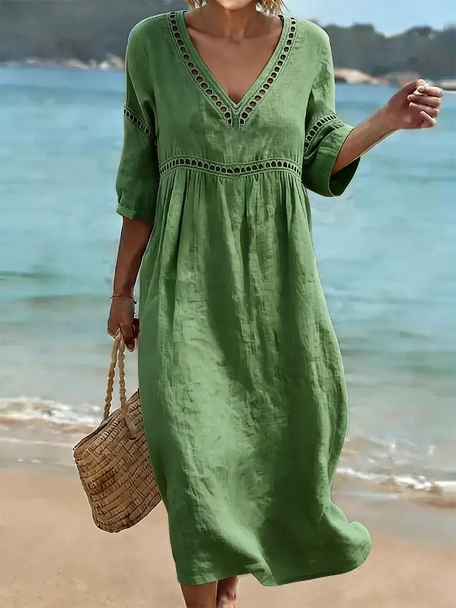 Robe midi femme en coton à col en V, coupe fluide et manches courtes