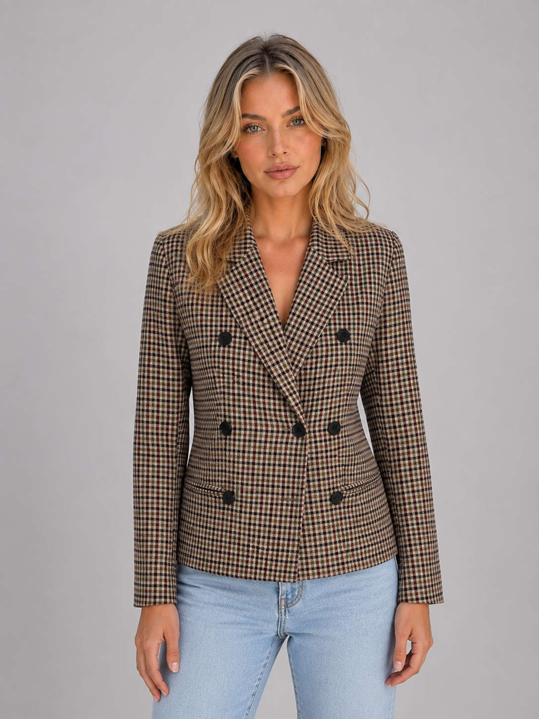 Blazer femme cintré en laine à carreaux double boutonnage 1