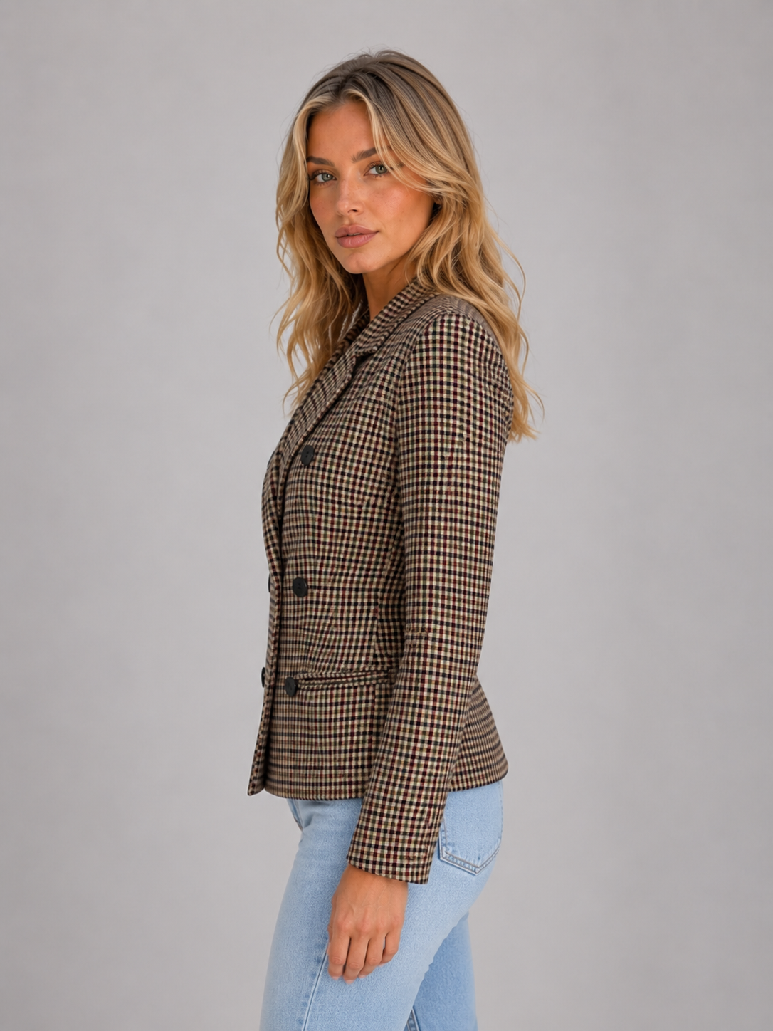 Blazer femme cintré en laine à carreaux double boutonnage 3