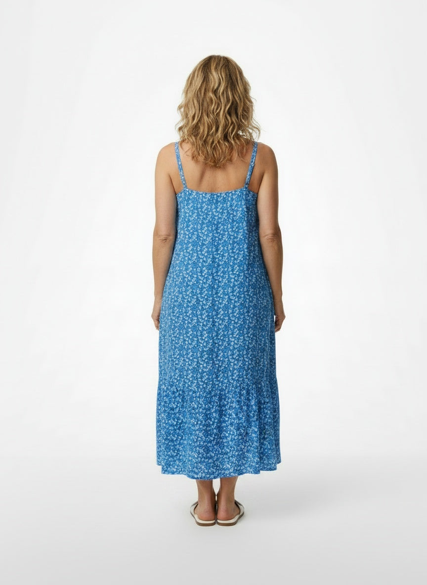 Back pose of the model wearing Robe midi décontractée imprimée femme