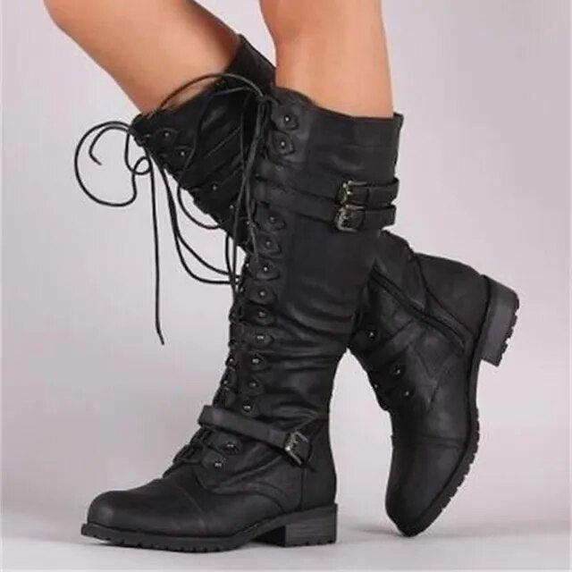 Bottes à lacets femme à talon plat et boucles, style militaire 1