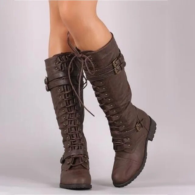Bottes à lacets femme à talon plat et boucles, style militaire 2