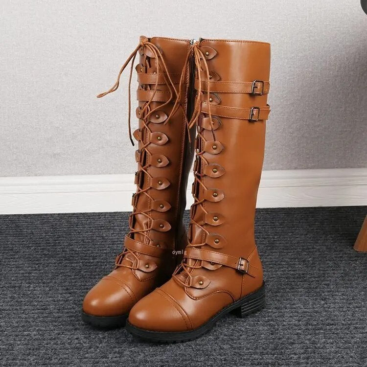 Bottes à lacets femme à talon plat et boucles, style militaire 3