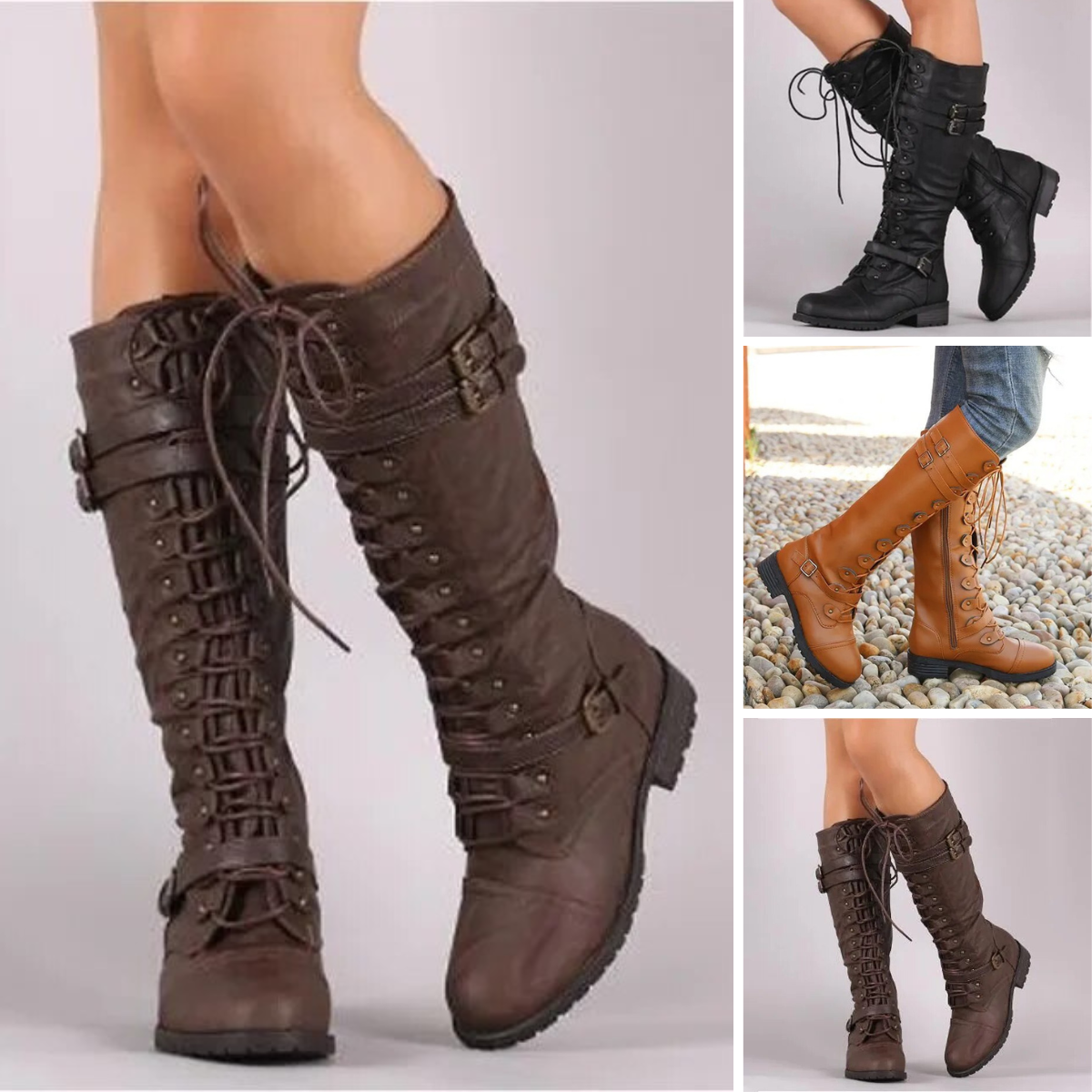 Bottes à lacets femme à talon plat et boucles, style militaire 4