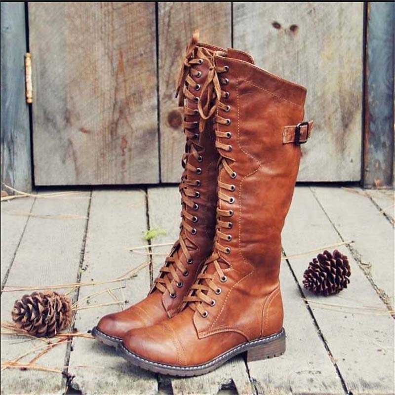 Bottes cavalières hautes à lacets en cuir à talon plat 1