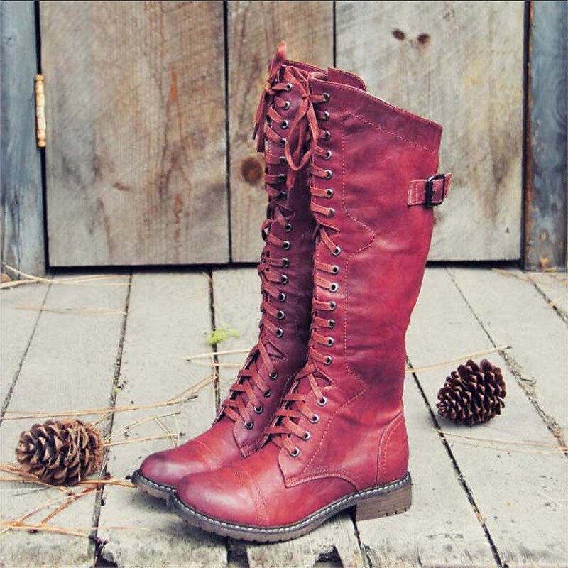 Bottes cavalières hautes à lacets en cuir à talon plat 2