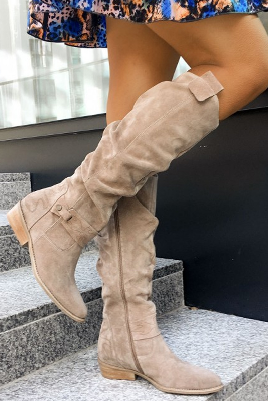 Bottes hautes femme à tige froncée, talon carré bas et fermeture éclair latérale 1