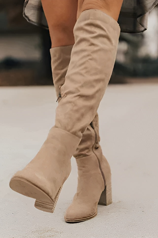 Bottes hautes femme à tige froncée, talon carré bas et fermeture éclair latérale 10