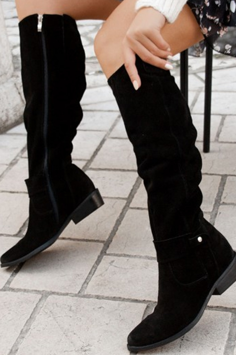 Bottes hautes femme à tige froncée, talon carré bas et fermeture éclair latérale 2