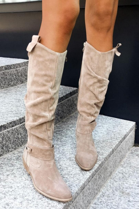 Bottes hautes femme à tige froncée, talon carré bas et fermeture éclair latérale 6