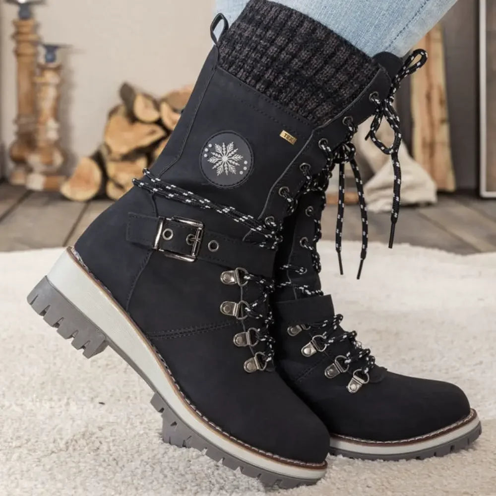 Bottes hautes femme d'hiver à lacets et boucle avec semelle antidérapante et bord en maille 1
