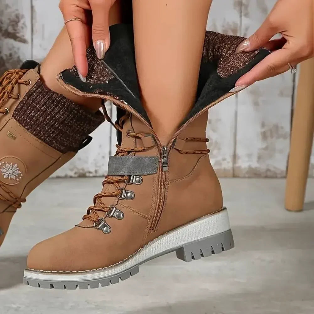 Bottes hautes femme d'hiver à lacets et boucle avec semelle antidérapante et bord en maille 12