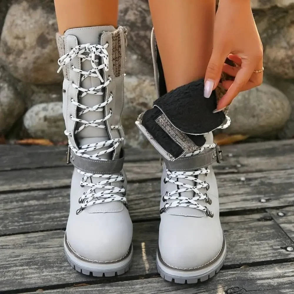Bottes hautes femme d'hiver à lacets et boucle avec semelle antidérapante et bord en maille 15