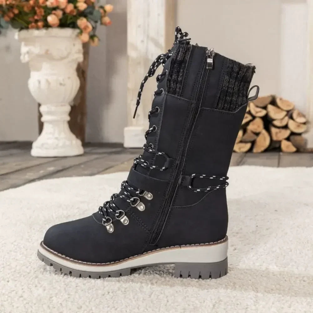 Bottes hautes femme d'hiver à lacets et boucle avec semelle antidérapante et bord en maille 8