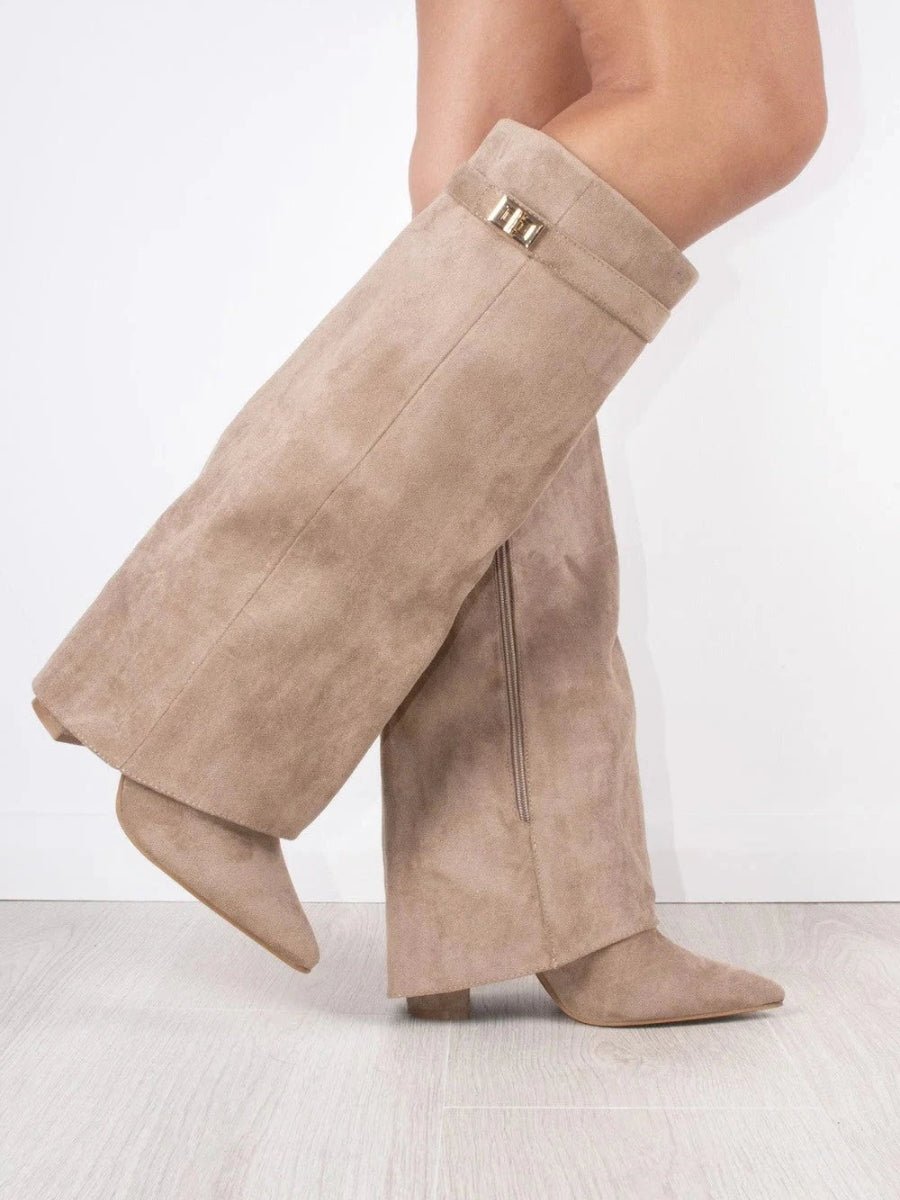 Bottes hautes femme en daim à détails dorés et ligne affinée 2