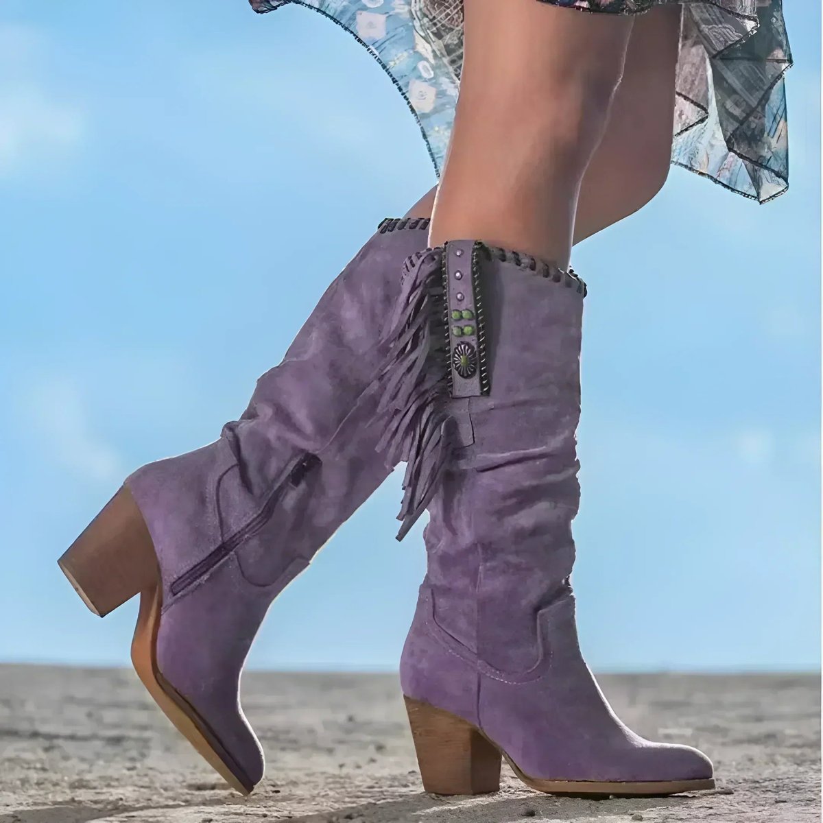Bottes western femme à franges en daim à talon bloc 2