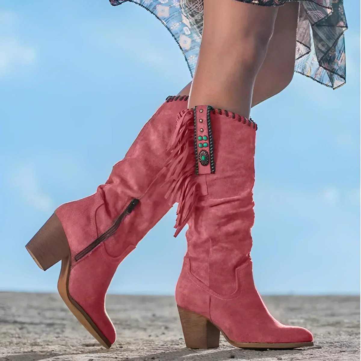 Bottes western femme à franges en daim à talon bloc 4