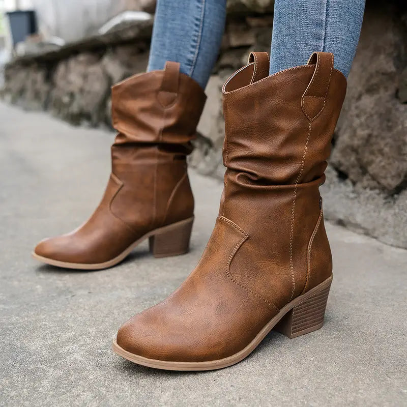 Bottes western femme à talon bloc, bout amande et surpiqûres 1