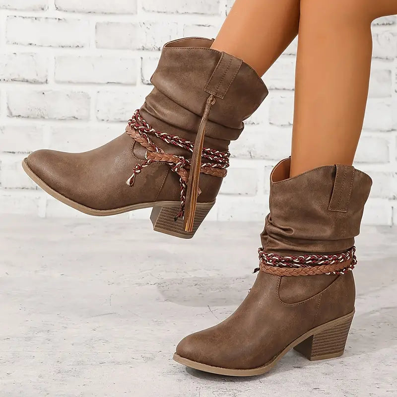 Bottes western femme à talon bloc, bout rond et franges 1