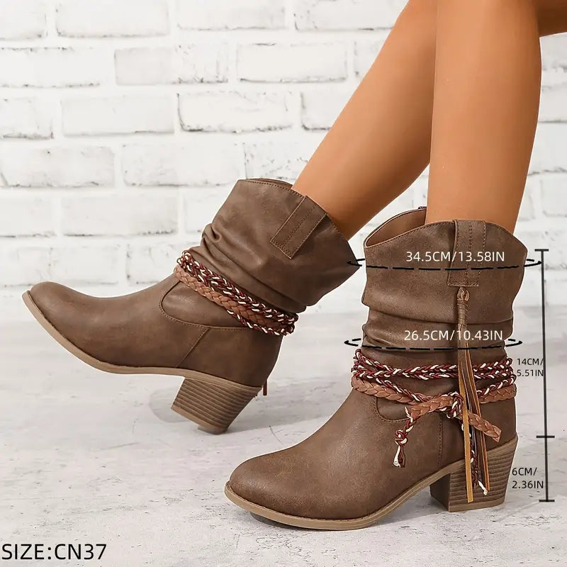 Bottes western femme à talon bloc, bout rond et franges 3