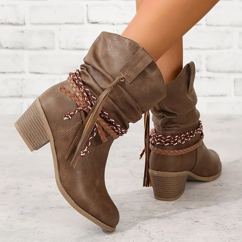 Bottes western femme à talon bloc, bout rond et franges 4