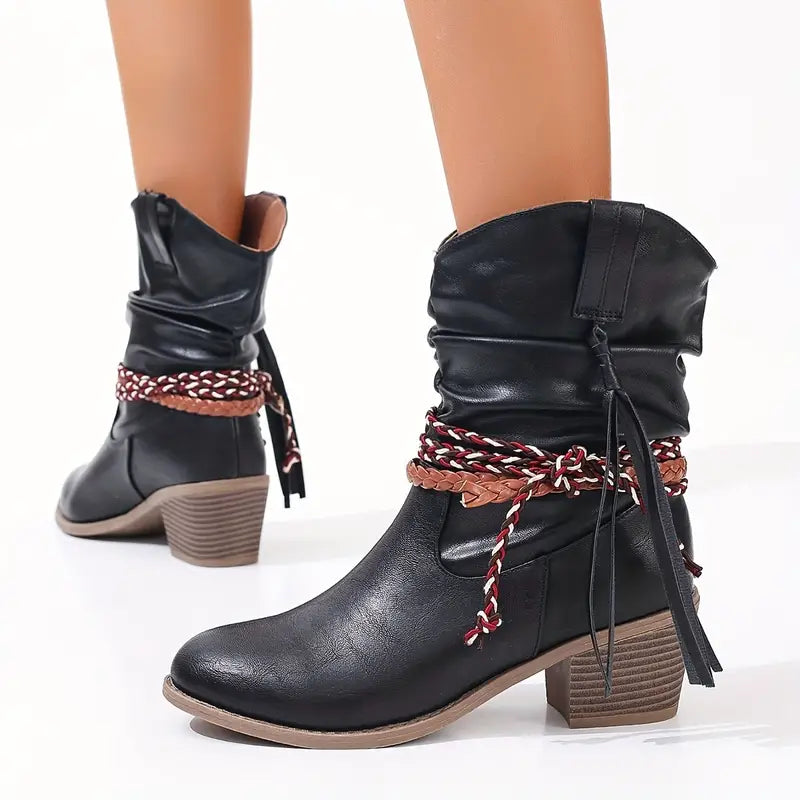Bottes western femme à talon bloc, bout rond et franges 5